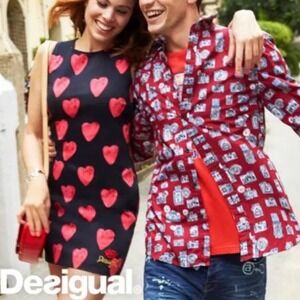 Desigual Cristina Heart Print Shift Dress Black Red Sleeveless Mini Whimsical